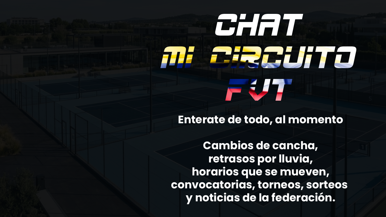 Chat de Mi Circuito FVT -- entérate de todo al momento: cambios de cancha, retrasos por lluvia, horarios, convocatorias, torneos, sorteos y noticias de la federación.
